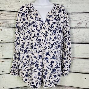 Old Navy White Blue Floral Print Long Sleeve Blouse Women’s Size XL